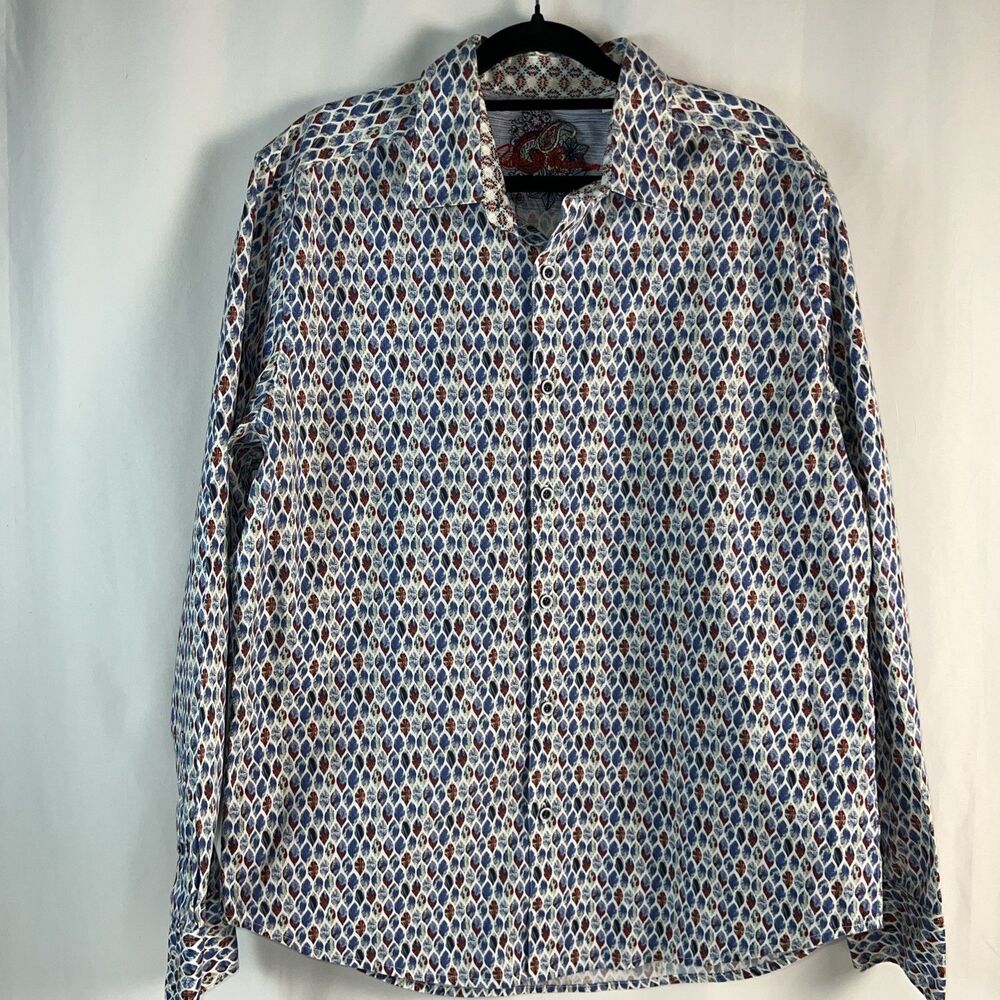 Robert Graham Tailored Fit Men’s XL Blue Red Geometric Paisley Flip Cuff Shirt